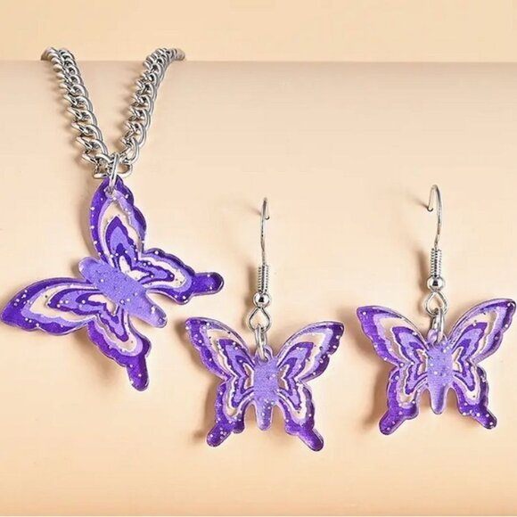 Lindy Jessa Colorful Purple Butterfly Necklace Earrings Set Gift Packaged - Picture 2 of 8